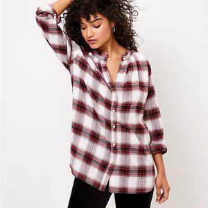 LOFT | Plaid Smocked Ruffle Neck Blouse